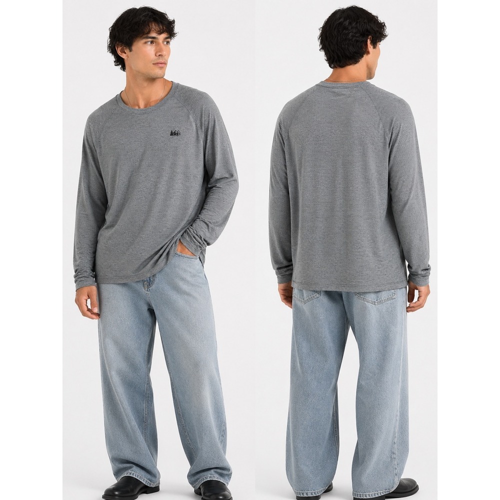 REI Long Sleeve Shirt Mens XL Grey Micro Stripe Raglan Crew Neck Hiking Gorpcore